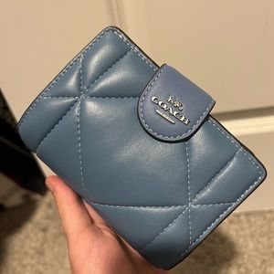 Coach Light Mist Blue Puffy Leather Medium Corner Zip Wallet NWT